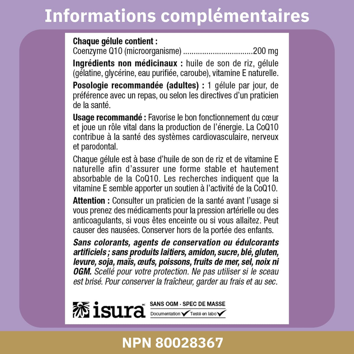 Boîte de Bioclinic Naturals CoQ10 200 mg avec informations nutritionnelles