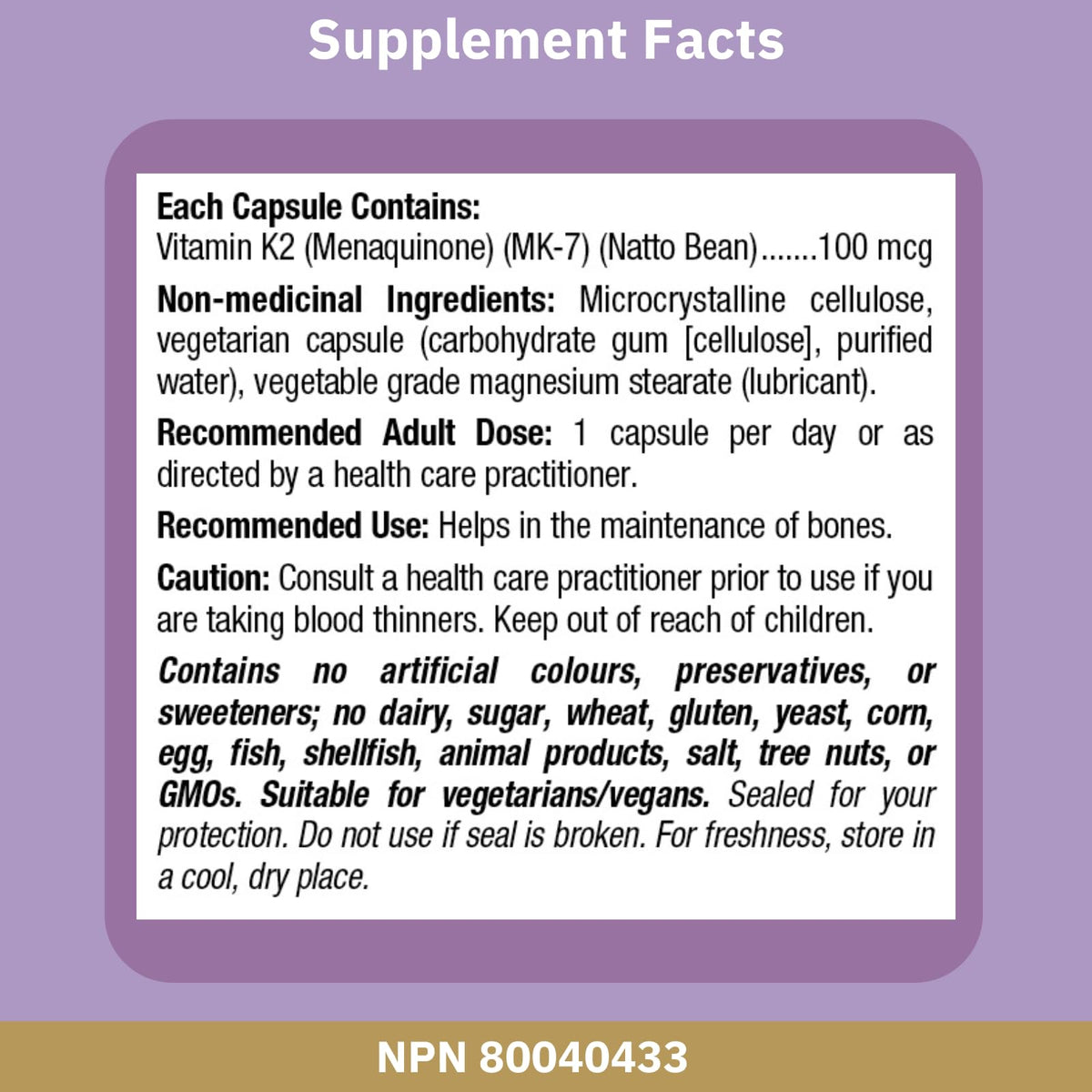 Boîte de Bioclinic Naturals Vitamine K2 100 mcg gélules