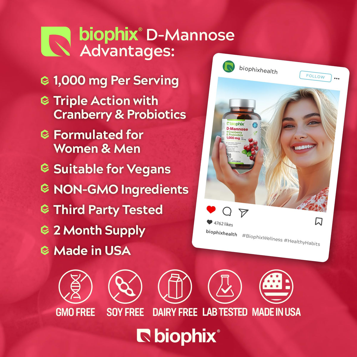 boîte de biophix D-Mannose 1000mg Capsules avec Canneberge