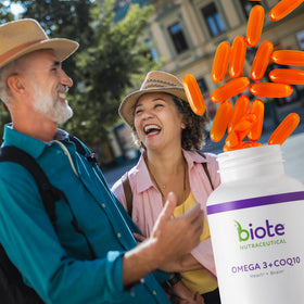 Boîte de Biote Omega 3 + CoQ10 avec gélules à côté