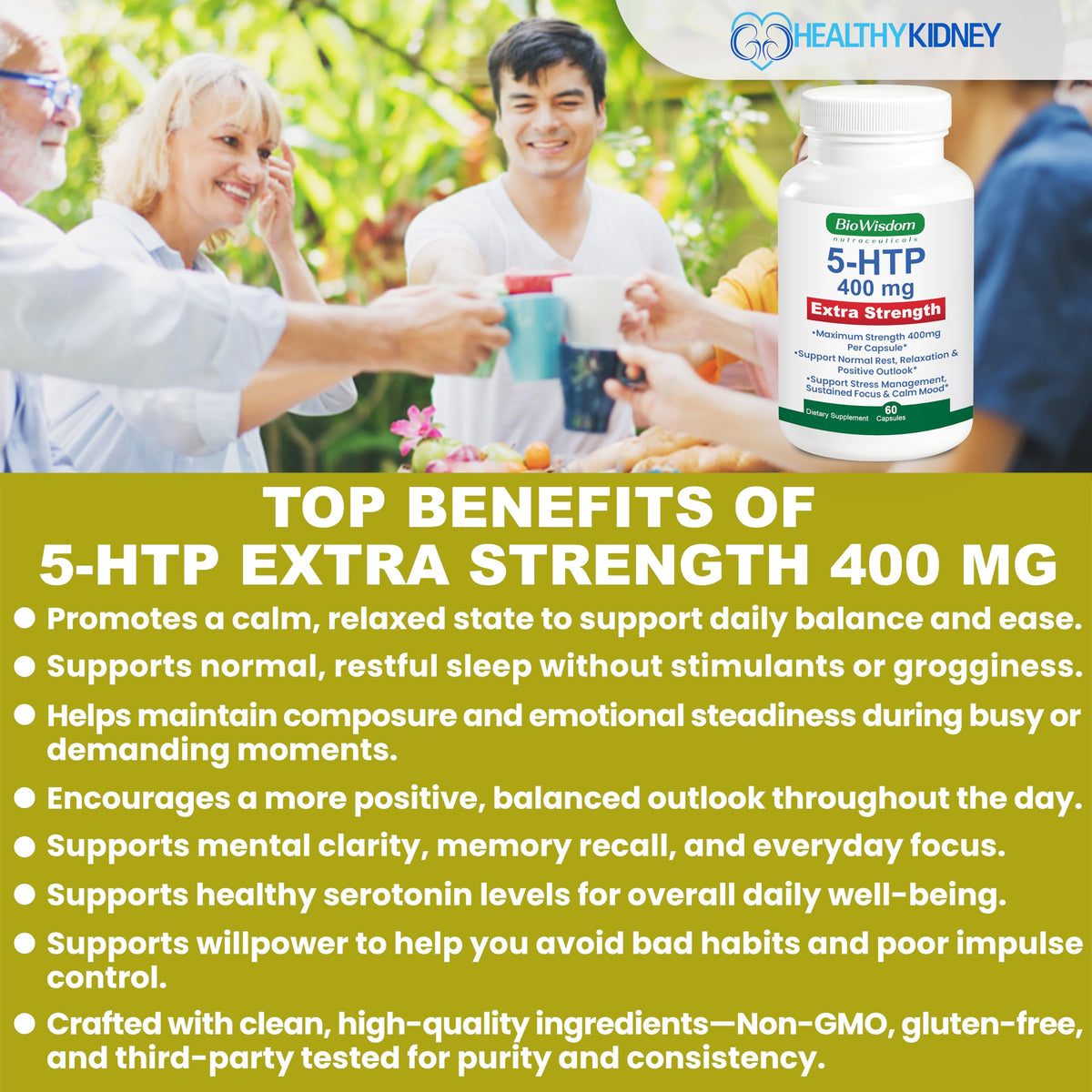 Boîte de BioWisdom 5-HTP 400mg sur une table