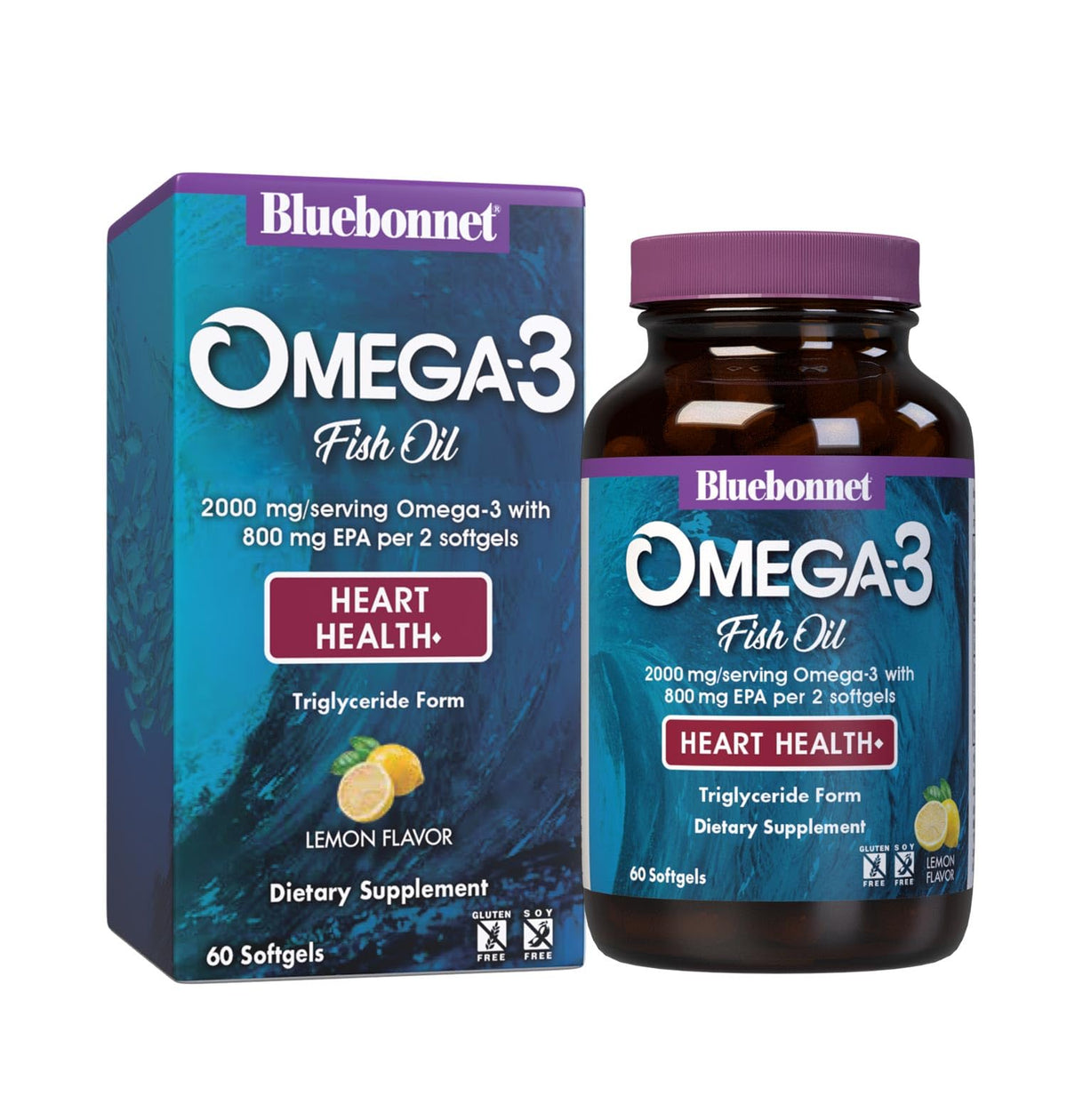 Boîte de BlueBonnet Omega-3 Formule Cœur 60 Softgels vue de face