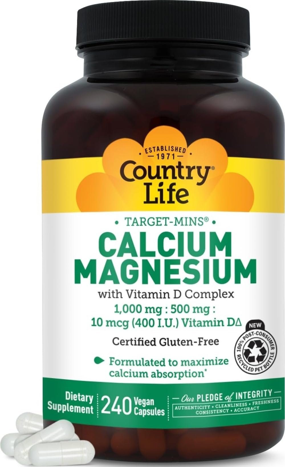 Boîte de Calcium Magnésium avec Vitamine D Country Life, 240 capsules vue de face