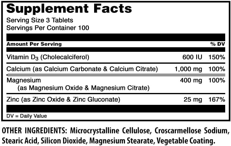 Boîte de Calcium Magnésium Zinc Amazing Nutrition ouverte avec comprimés à l'intérieur