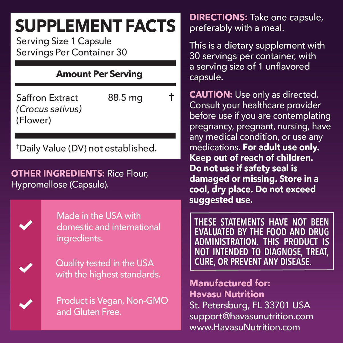 Boîte de capsules d'extrait de safran HAVASU NUTRITION, vue latérale
