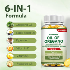 Boîte de capsules d'huile d'origan bio mamanana 6000mg avec étiquette