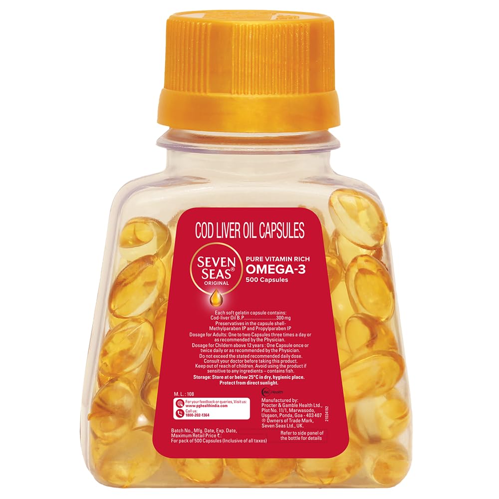 Boîte de capsules d'huile de foie de morue Sevenseas 500 capsules vue de face
