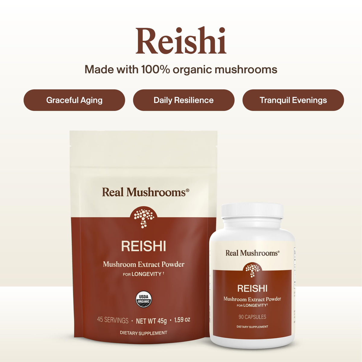 Boîte de capsules de champignon Reishi bio avec étiquette explicative