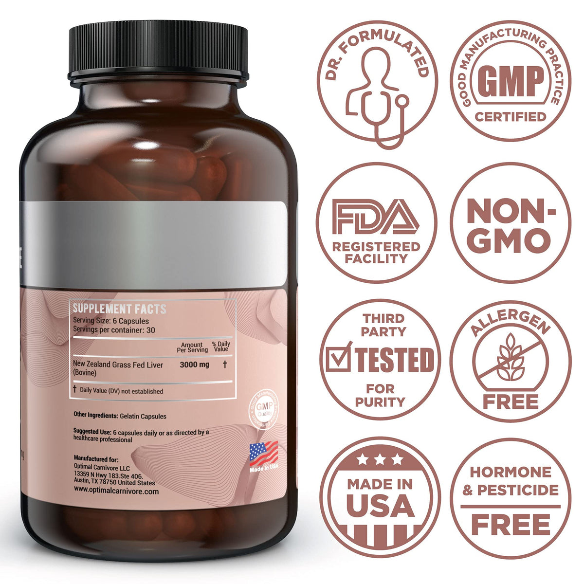Boîte de capsules de foie de boeuf avec label Optimal Carnivore