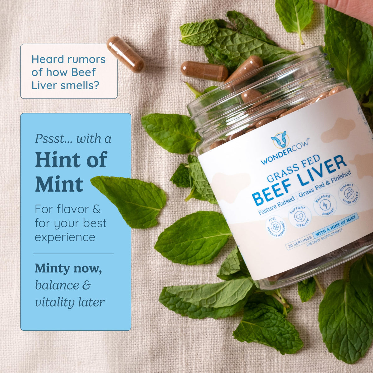 Boîte de capsules de foie de boeuf WONDERCOW avec étiquette