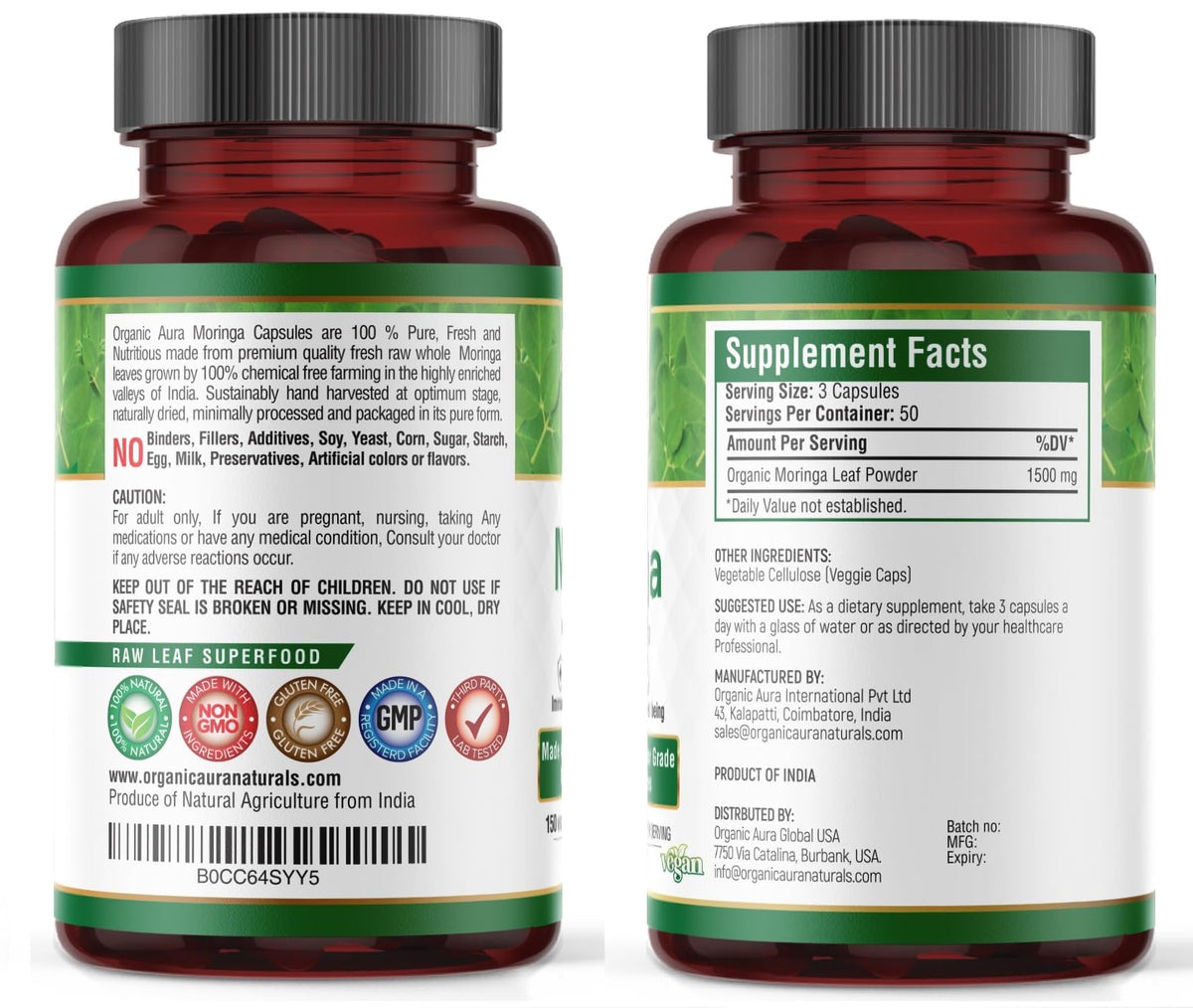 Boîte de capsules de Moringa Organic Aura de côté