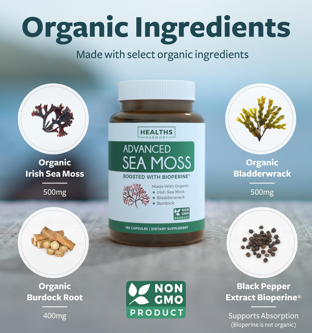 Boîte de capsules de mousse de mer bio Healths Harmony, vue latérale