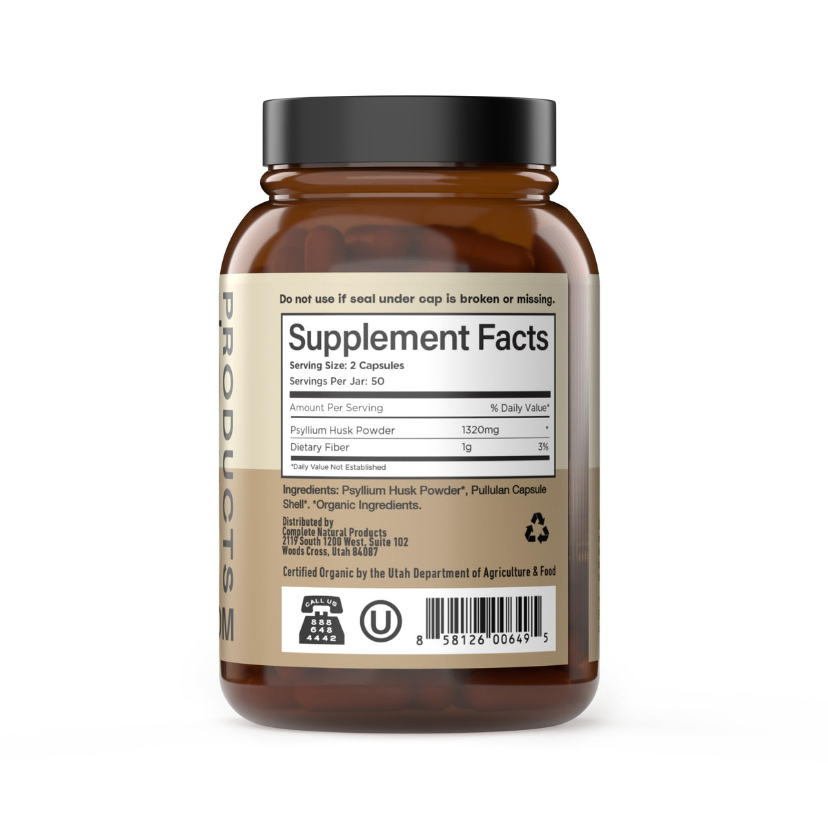 Boîte de capsules de psyllium biologique avec étiquette détaillée