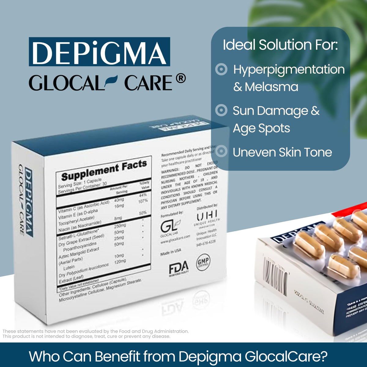 Boîte de capsules GlocalCare Depigma avec étiquette