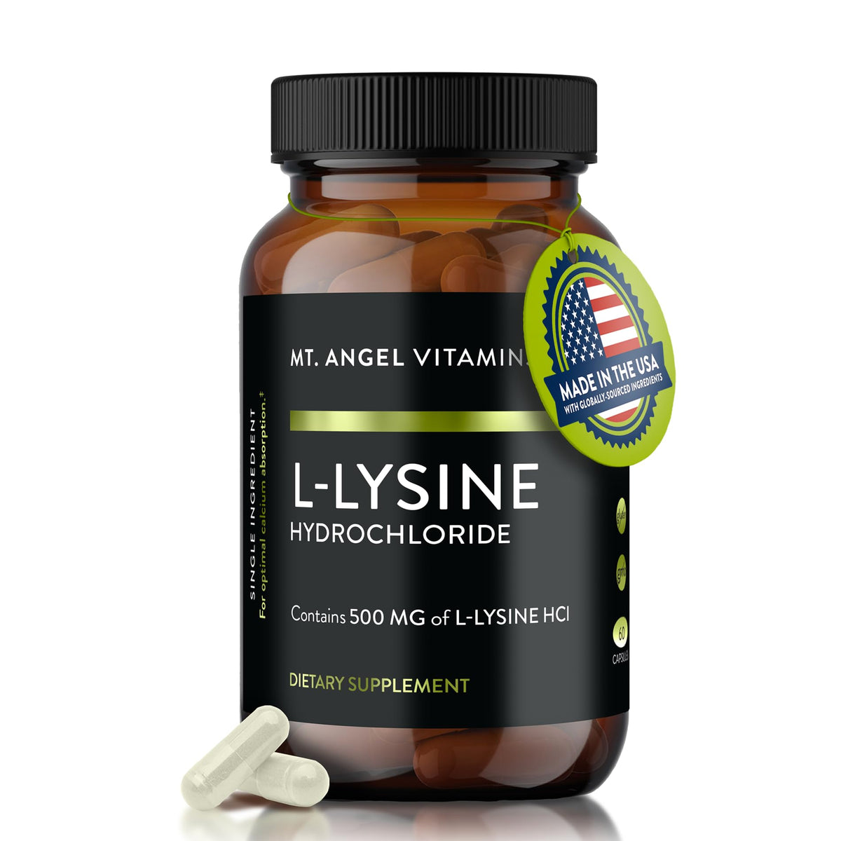 Boîte de capsules L-Lysine 500mg de Mt. Angel Vitamins, vue de face