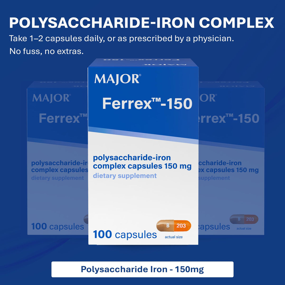 Boîte de capsules MAJOR Ferrex-150 ouverte montrant les capsules