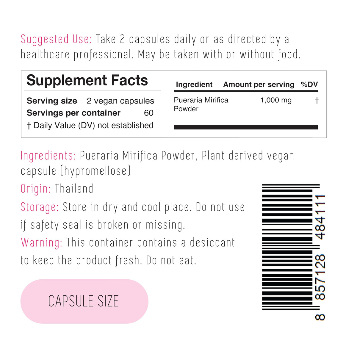Boîte de capsules Pueraria Mirifica Incas avec étiquette