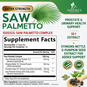 Boîte de capsules Saw Palmetto Nature's Nutrition avec étiquette et ingrédients