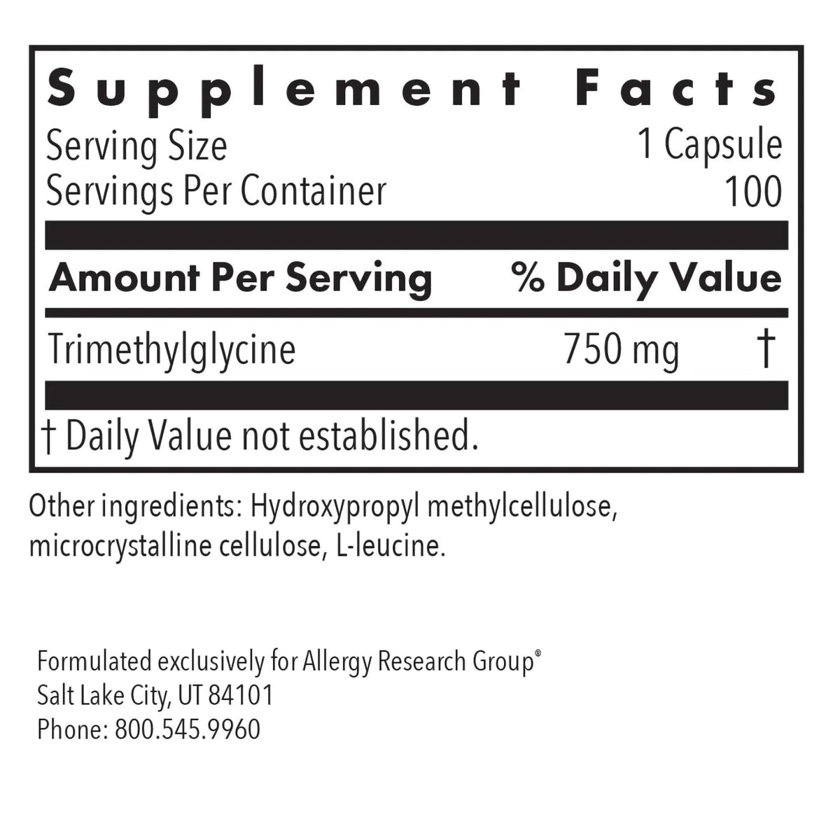 Boîte de capsules TMG 750 mg Allergy Research Group