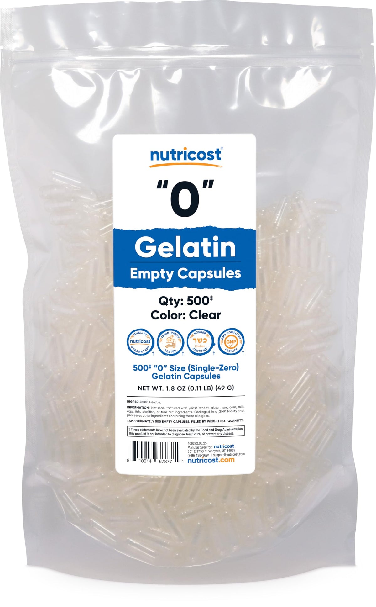 Boîte de capsules vides Nutricost taille 0, 500 capsules claires
