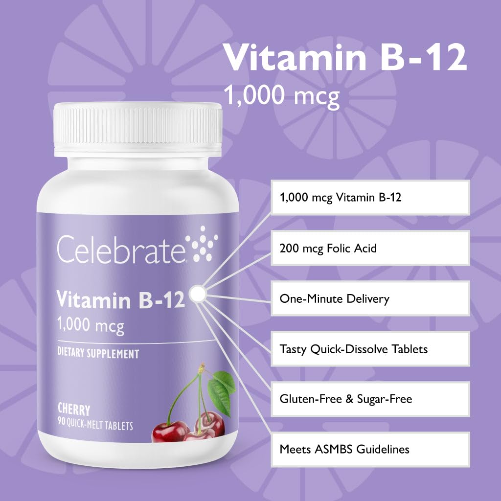Boîte de Celebrate Bariatric Supplements B-12 Quick Melt 1000 mcg 90 Tablettes