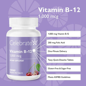 Boîte de Celebrate Bariatric Supplements B-12 Quick Melt 1000 mcg 90 Tablettes
