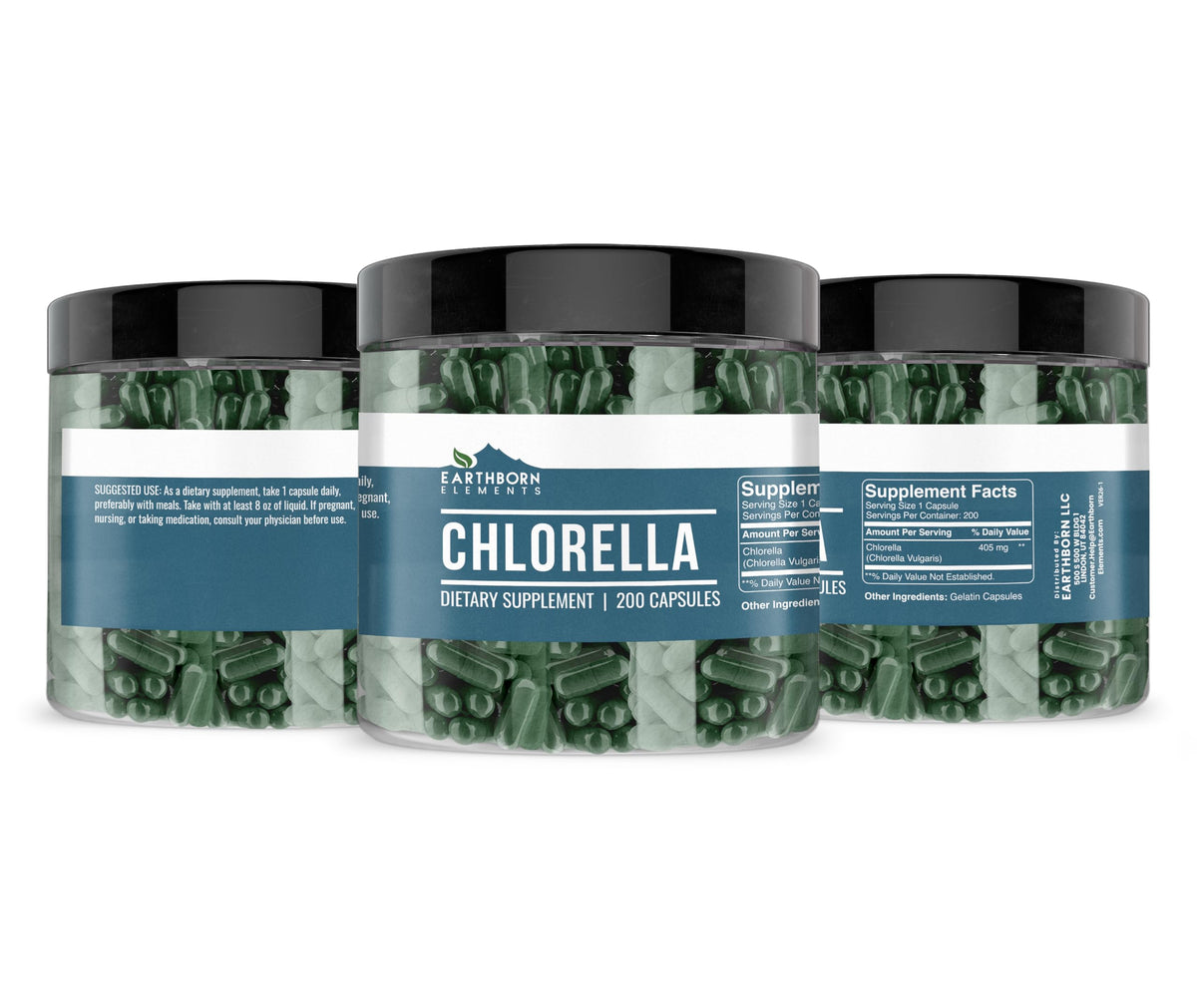 Boîte de chlorella Earthborn Elements montrant les dimensions
