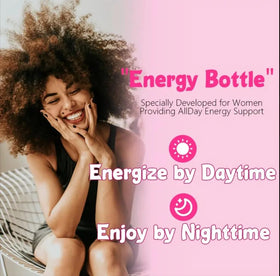 Boîte de complément alimentaire femme énergie avec ingrédients visibles