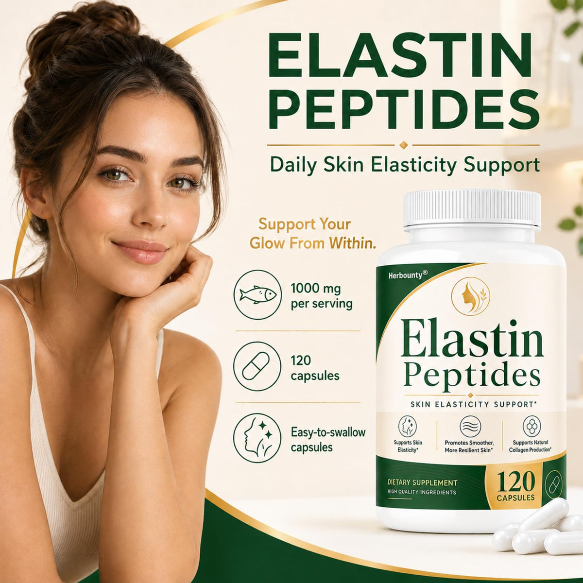 Boîte de complément alimentaire Herbounty Elastine avec capsules