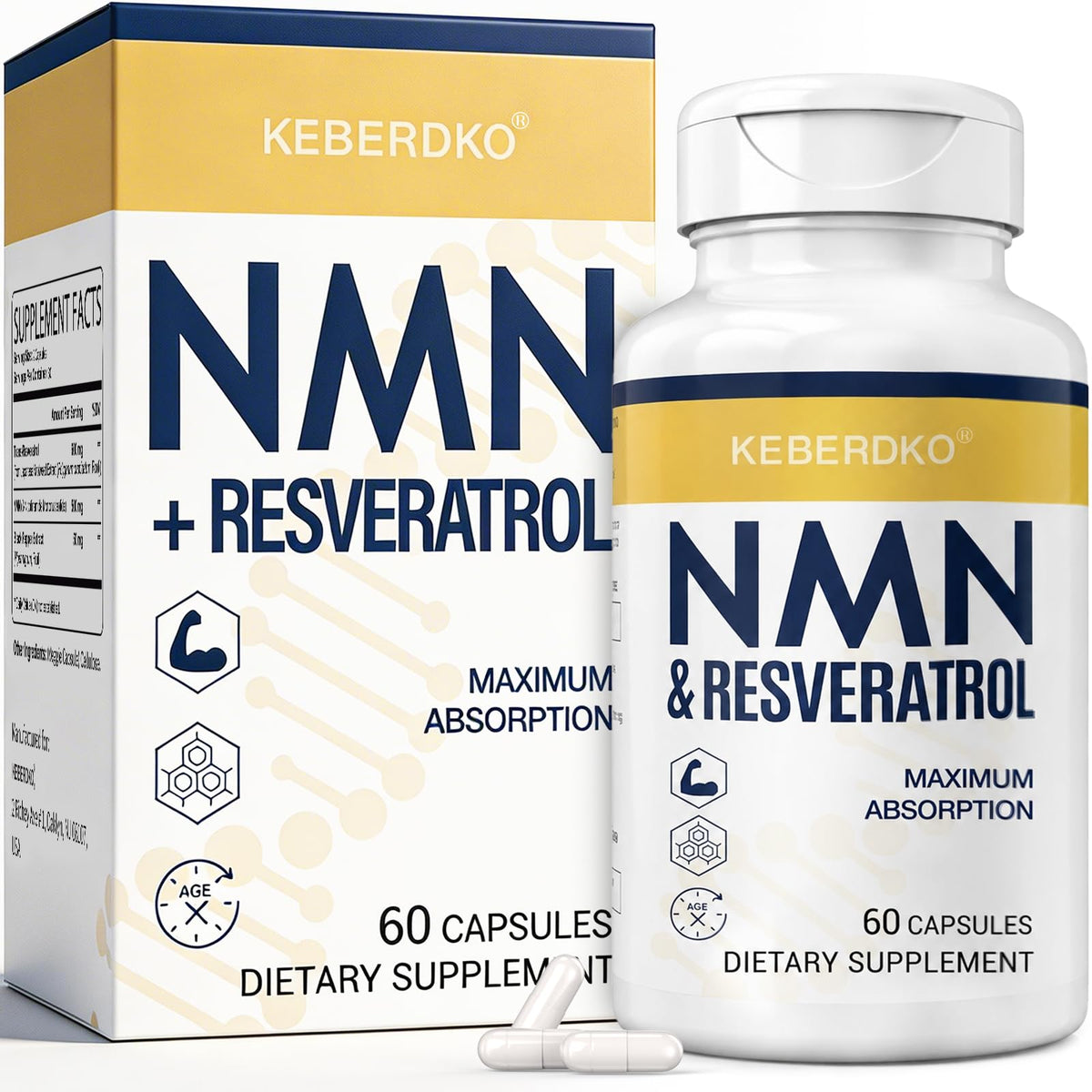 Boîte de compléments alimentaires Keberdko NMN 1150mg avec Resvératrol