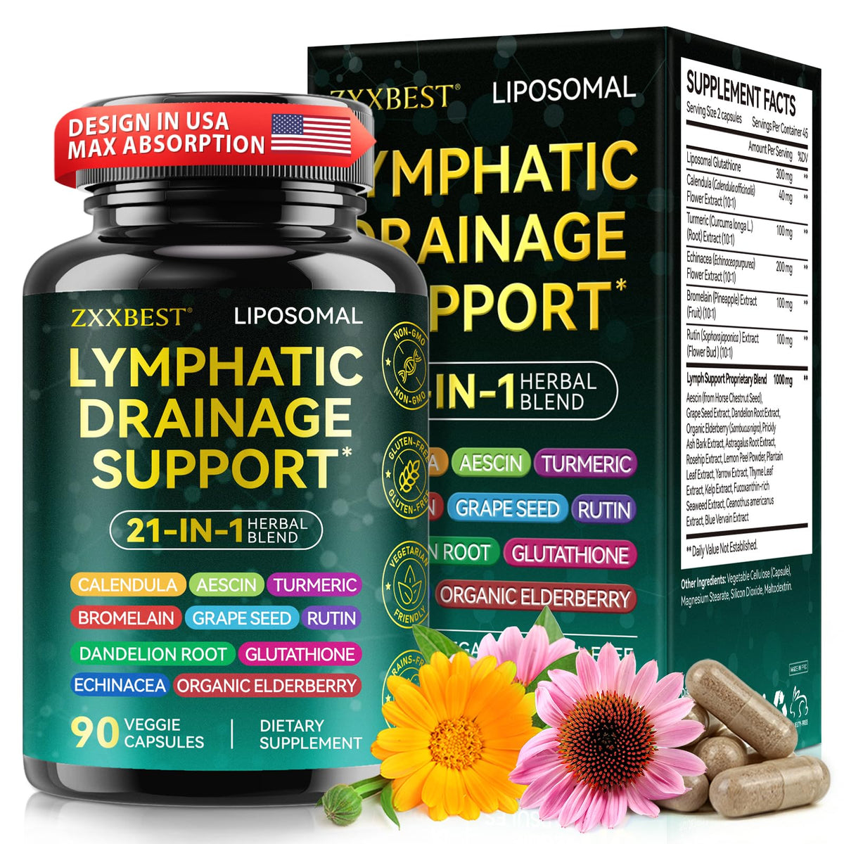 Boîte de compléments alimentaires ZXXBEST Drainage Lymphatique 90 capsules