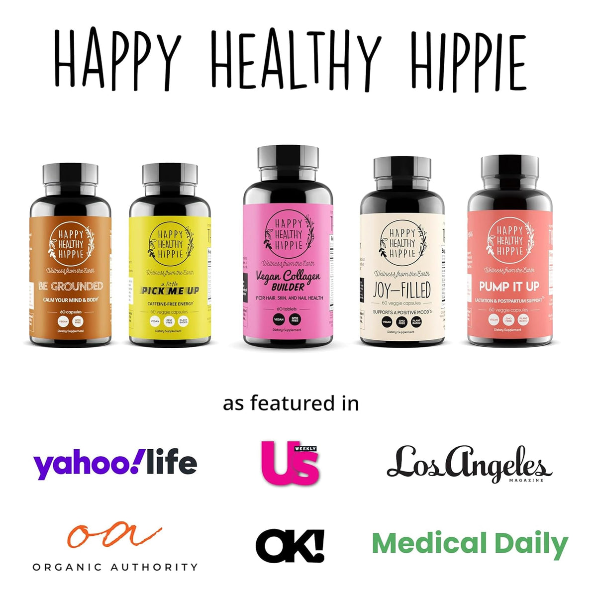 Boîte de comprimés Happy Healthy Hippie sur fond blanc