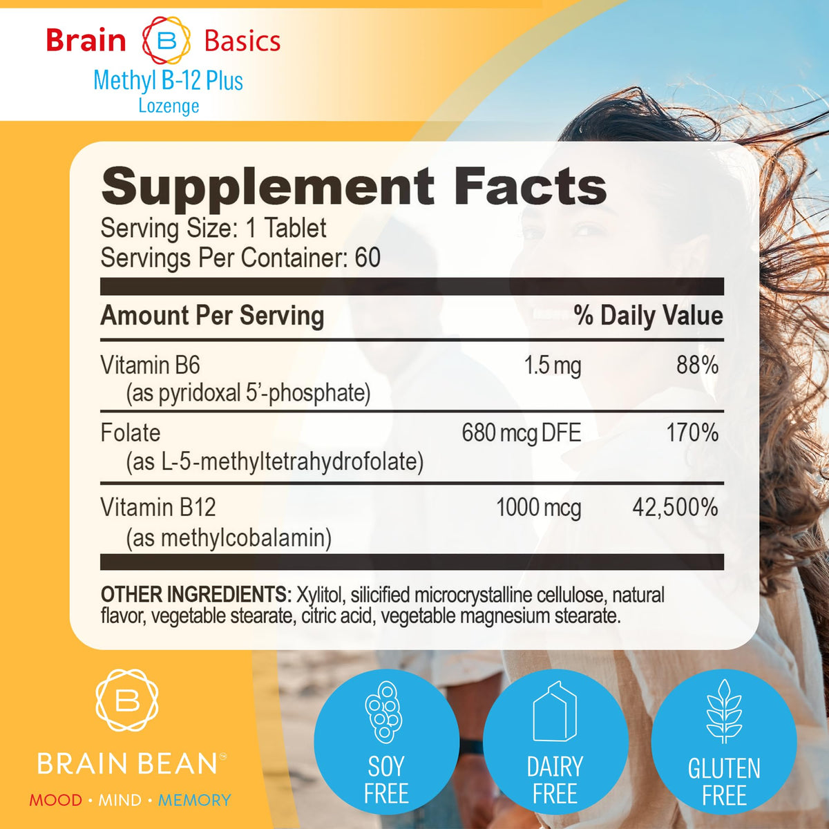 Boîte de comprimés Methyl B-12 et Folate Brain Bean vue de côté