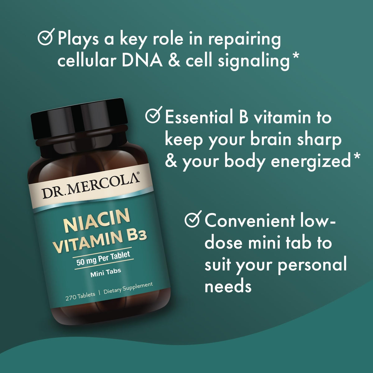Boîte de comprimés Niacine de Dr. Mercola sur une table en bois