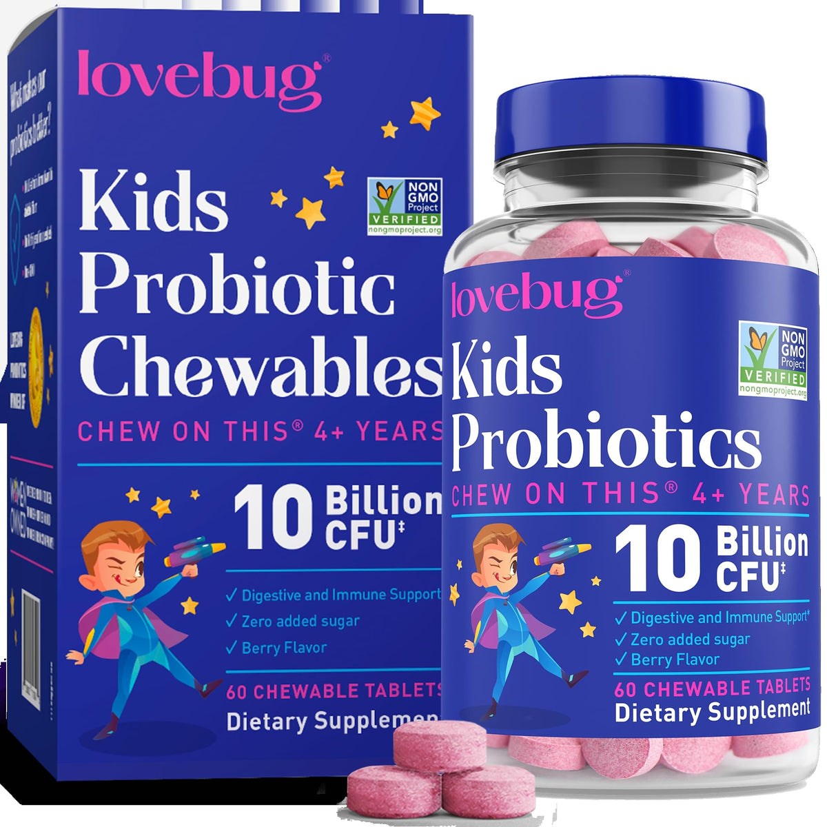 Boîte de comprimés probiotiques LOVEBUG pour enfants, 60 unités, goût baie