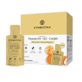 Boîte de CYMBIOTIKA D3 K2 CoQ10 28 sachets en citron