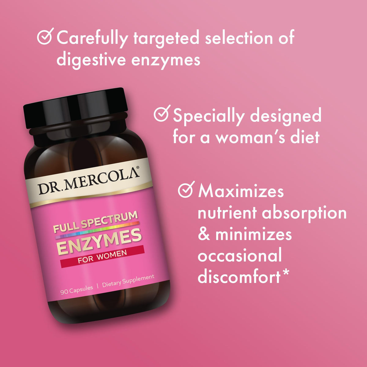 Boîte de Dr. Mercola Enzymes Complètes pour Femmes ouverte avec capsules visibles