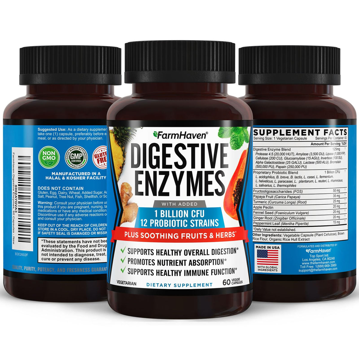 Boîte de FarmHaven Multi-Enzymes avec informations nutritionnelles