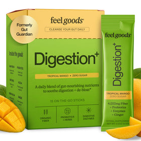 Boîte de Feel Goods daily+ contenant 15 sachets de poudre de fibres bio tropical mangue