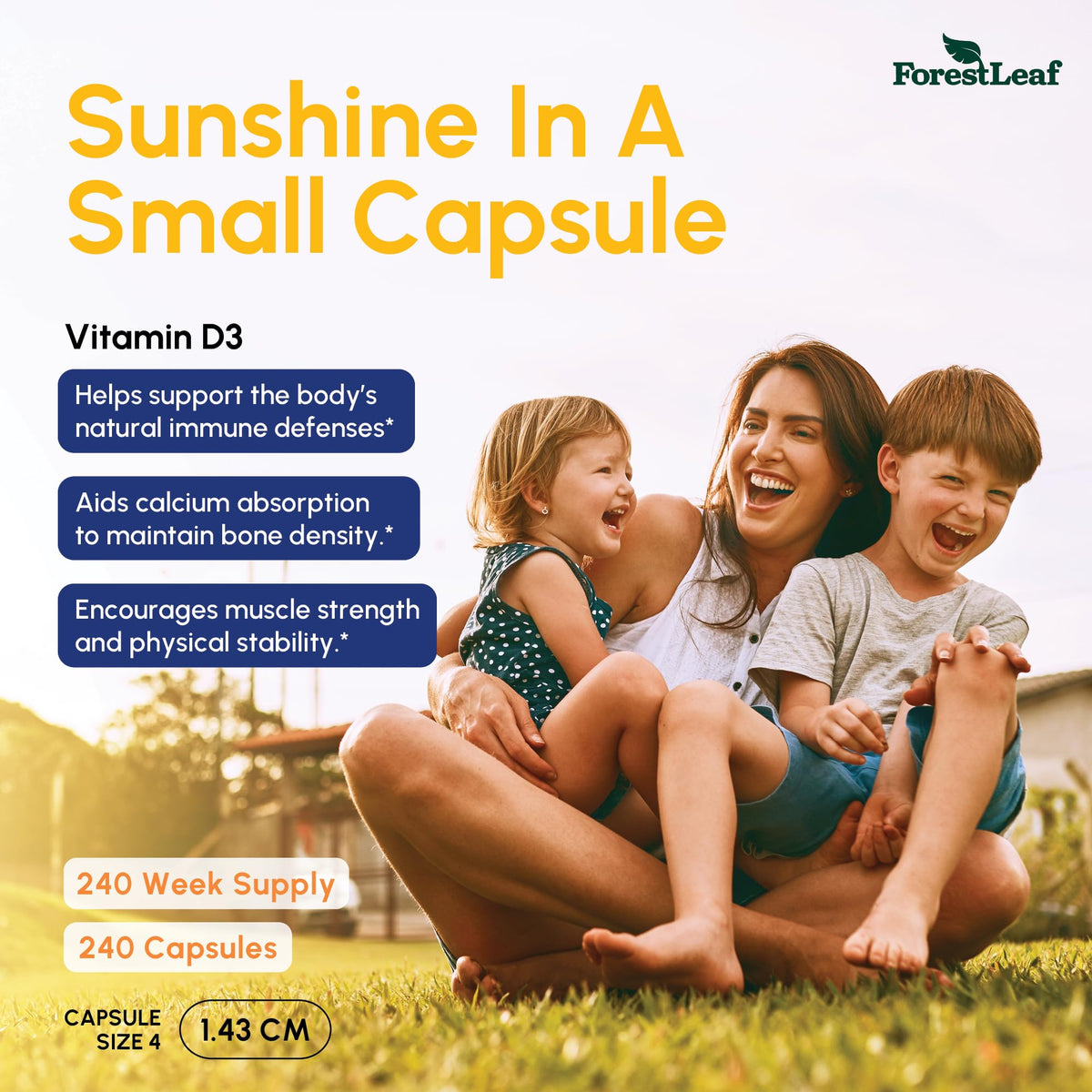 Boîte de ForestLeaf Vitamine D3 50 000 UI avec capsules à l'intérieur