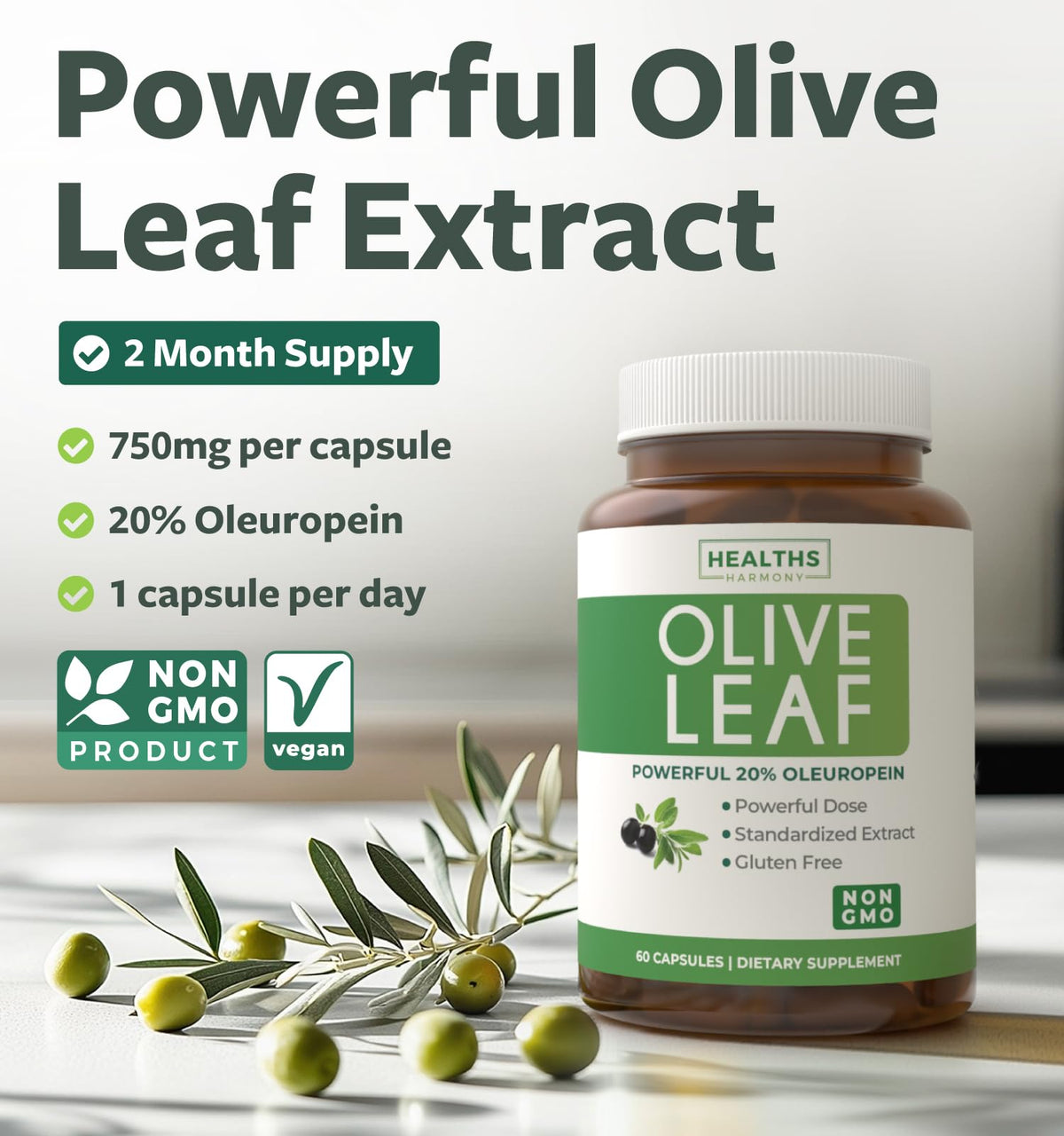 Boîte de gélules d'extrait de feuille d'olive Healths Harmony
