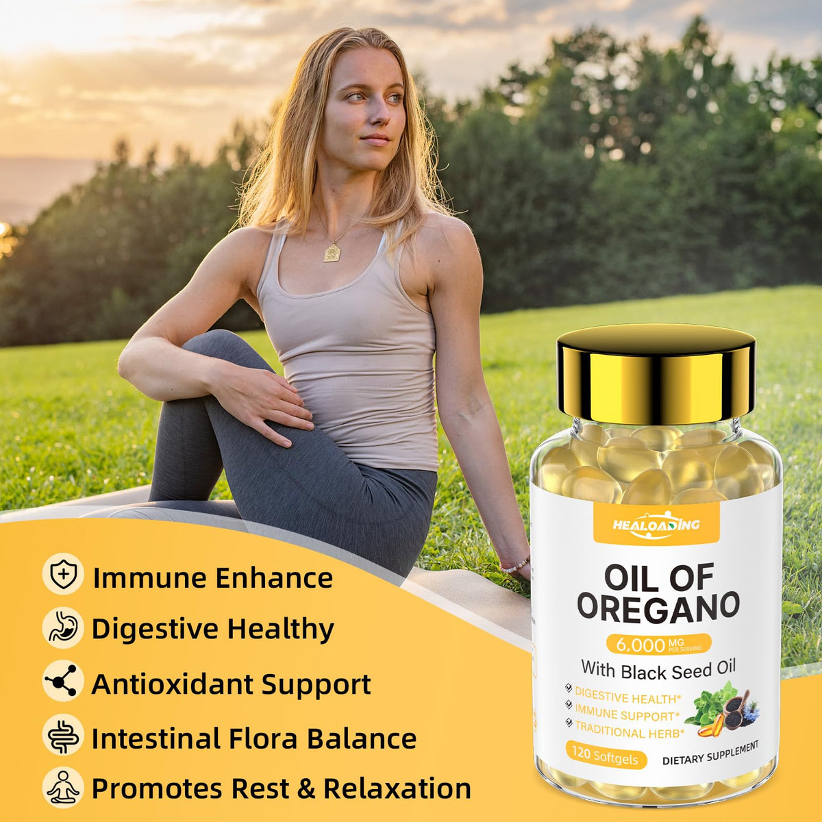 Boîte de gélules d'huile d'origan HEALOADING vue de côté