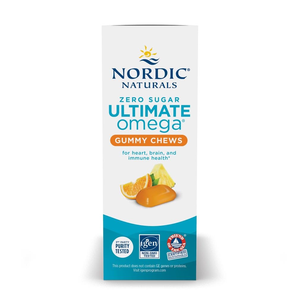 Boîte de gommes Omega 3 Nordic Naturals ouverte, montrant les gommes
