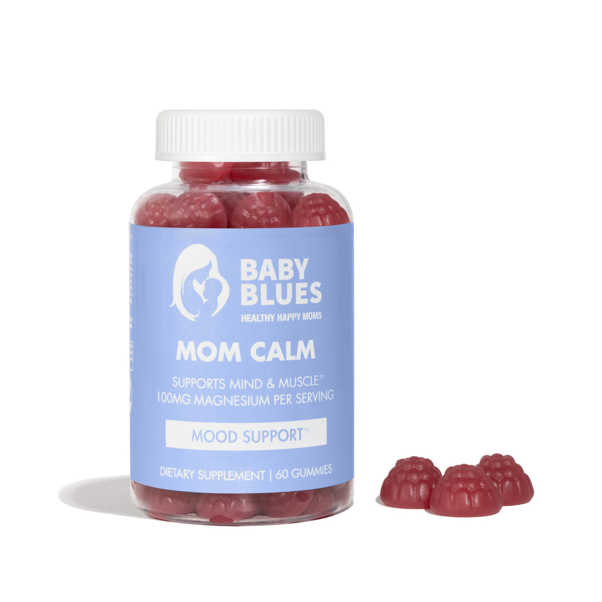 Boîte de gummies Baby Blues magnésium, avant avec fruits mélangés