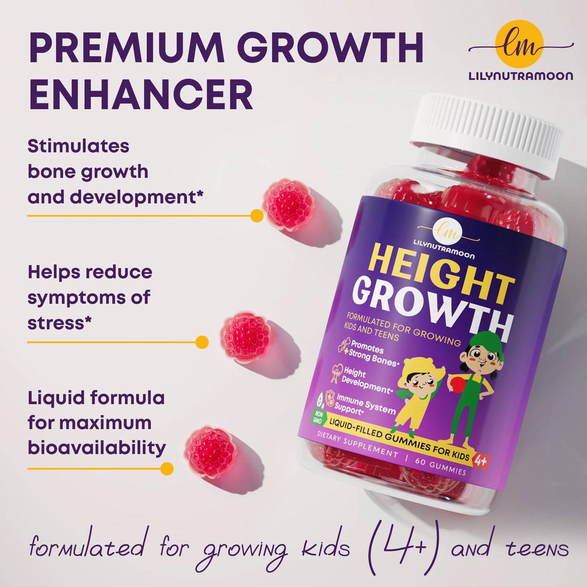 Boîte de gummies de croissance LM LILYNUTRAMOON ouverte, montrant les gummies à l'intérieur