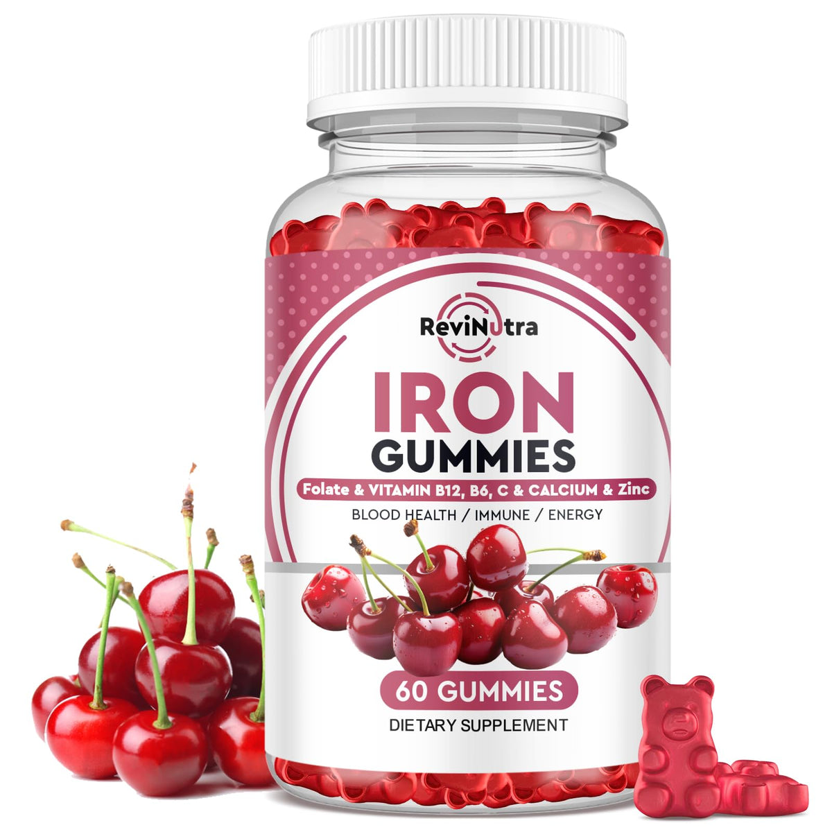 Boîte de gummies de fer ReviNutra avec 60 gummies au goût cerise