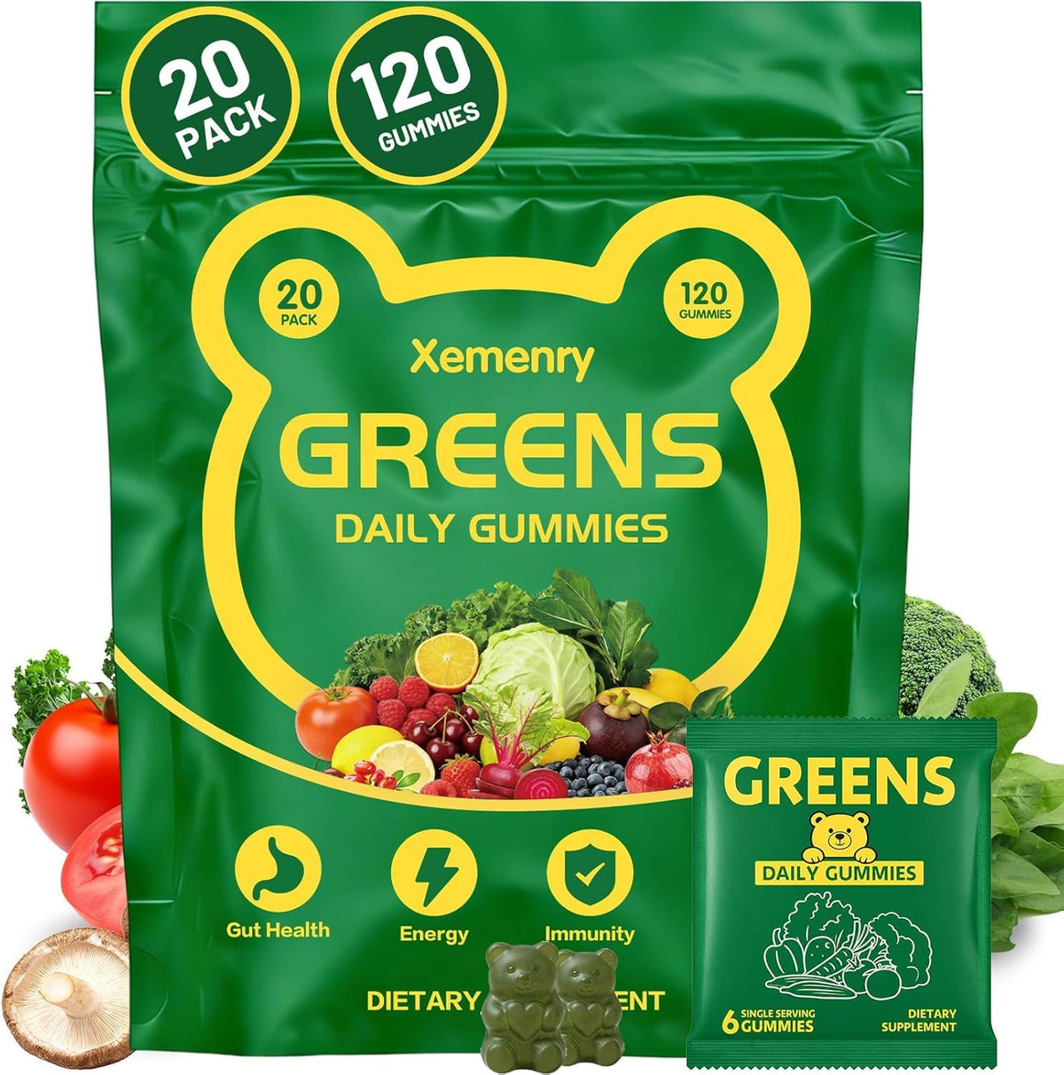 Boîte de gummies multivitamines Super Greens Xemenry vue de face