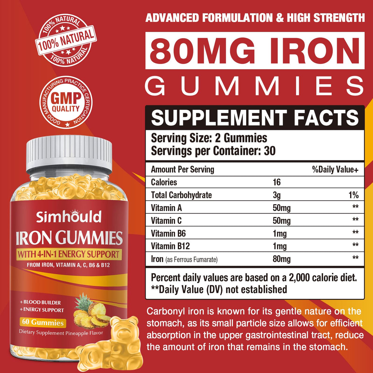 Boîte de gummies Simhould Fer avec informations nutritionnelles