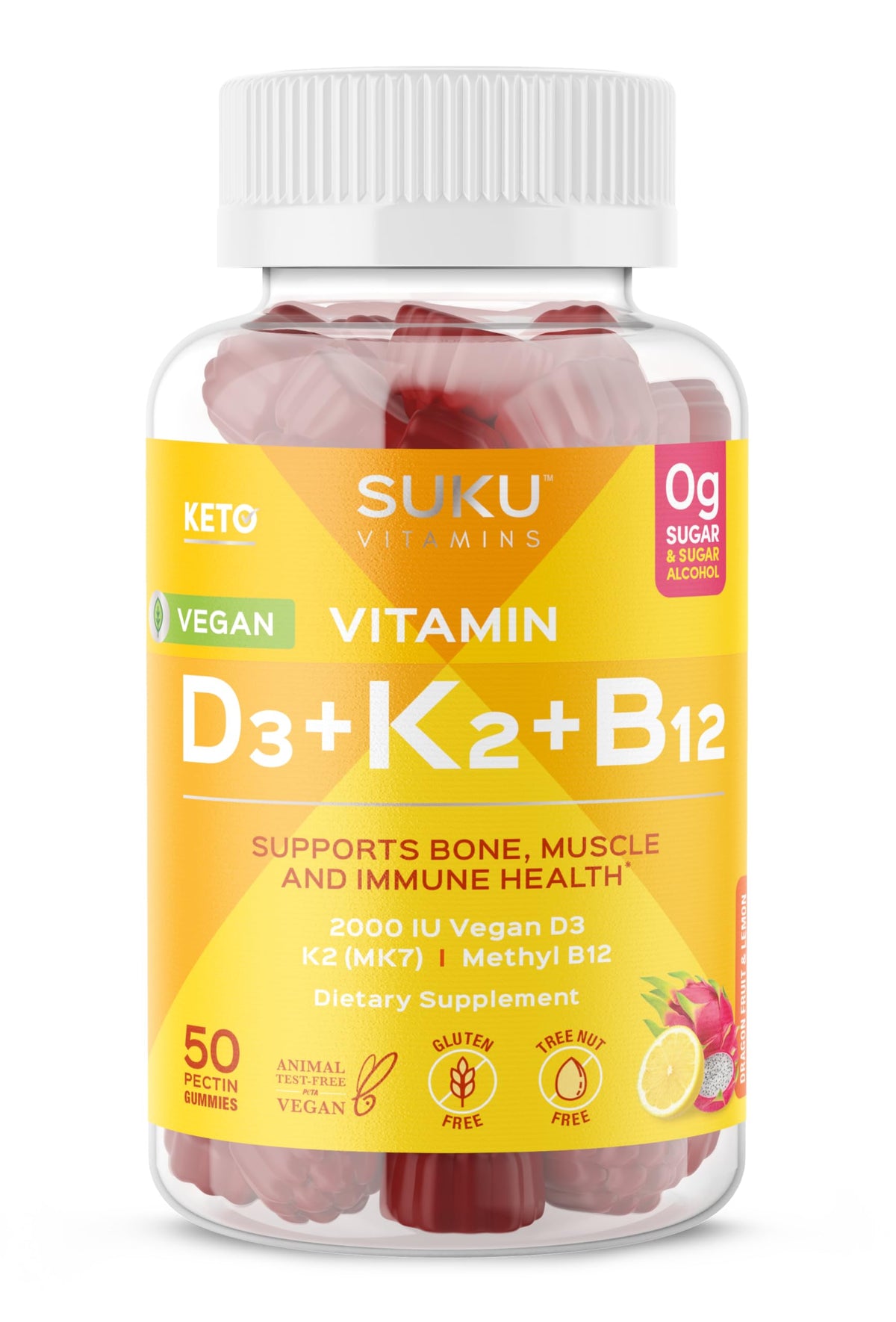 Boîte de gummies SUKU Vegan D3 + K2 + B12 de 50 gummies vue de face