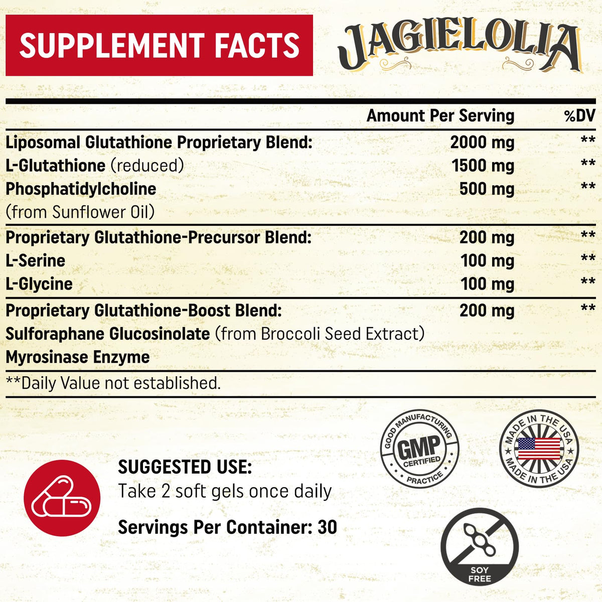 Boîte de Jagielolia Glutathione Liposomal 2000 mg, dimensions 10.7 x 6.2 x 5.9 cm